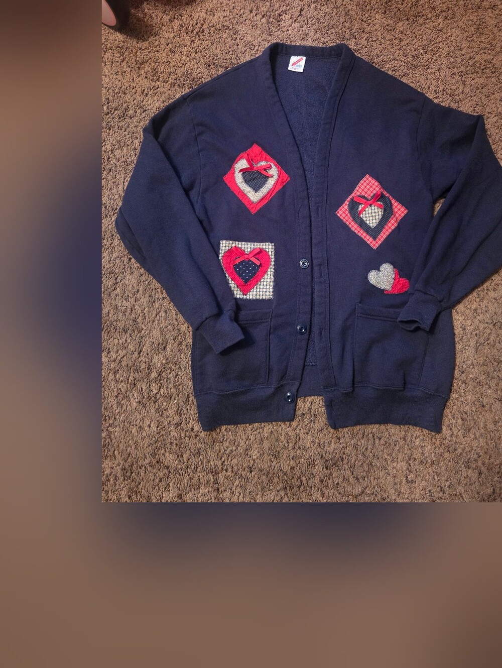 Vintage Jerzees Navy Cardigan with Heart Patch Details